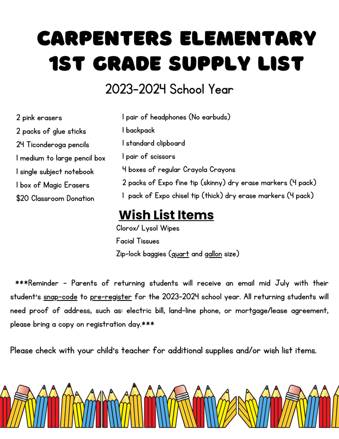 School Supply Lists Carpenters Elementary School